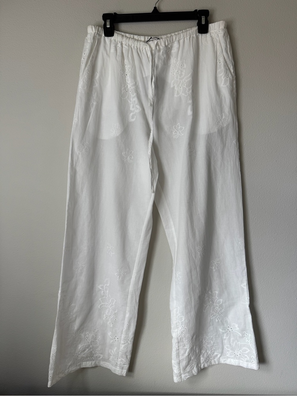 Showpo Carley Embroidered Wide Leg Pants Womens US 10 White Cotton Pull On NWT